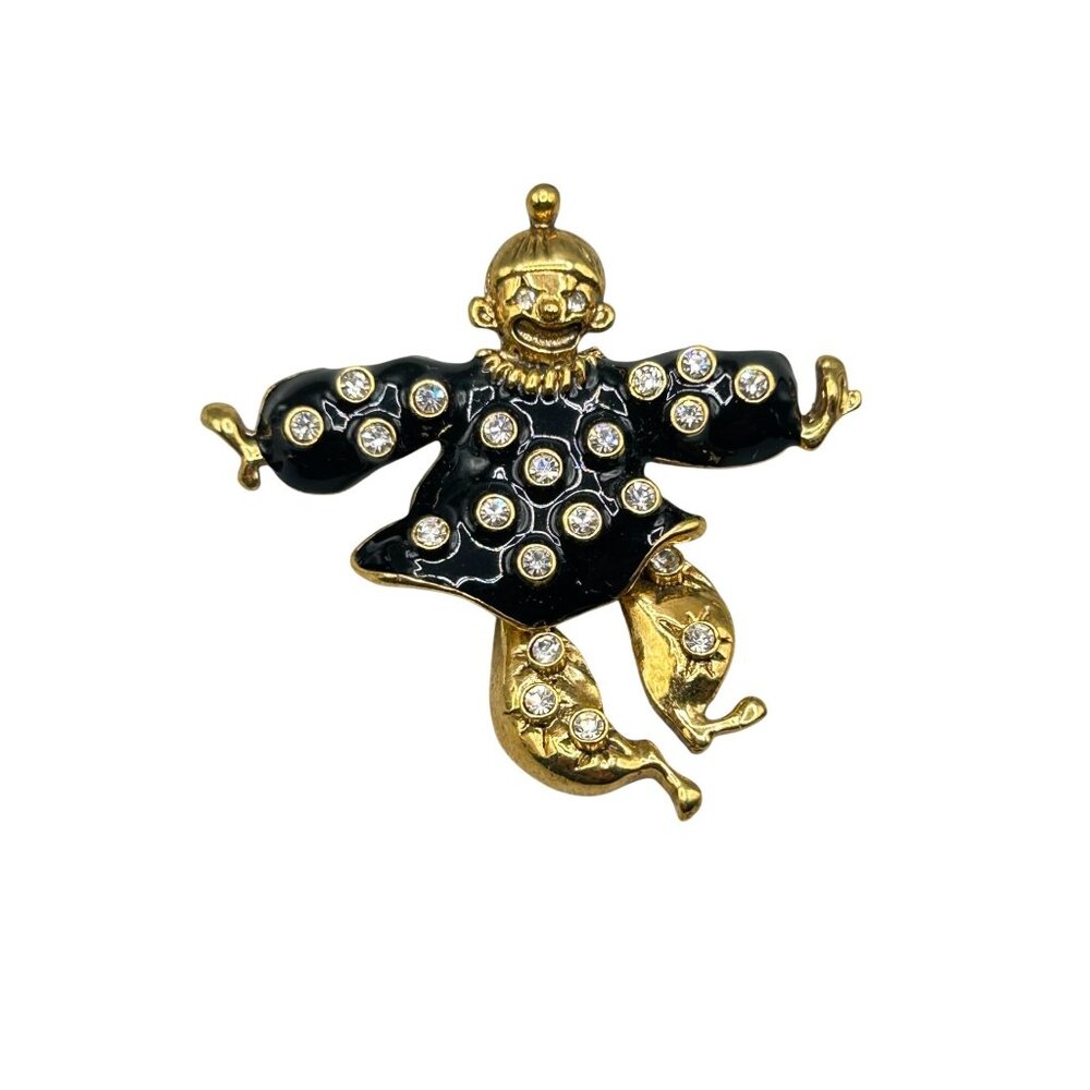 Vintage Articulated Clown Pin Brooch Rhinestones And Black Enamel